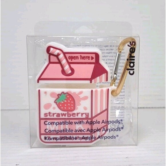 Claire’s Pink Strawberry Milk AirPods Silicone Case w/ Keyring Clip Cute NEW NIB - Picture 1 of 2